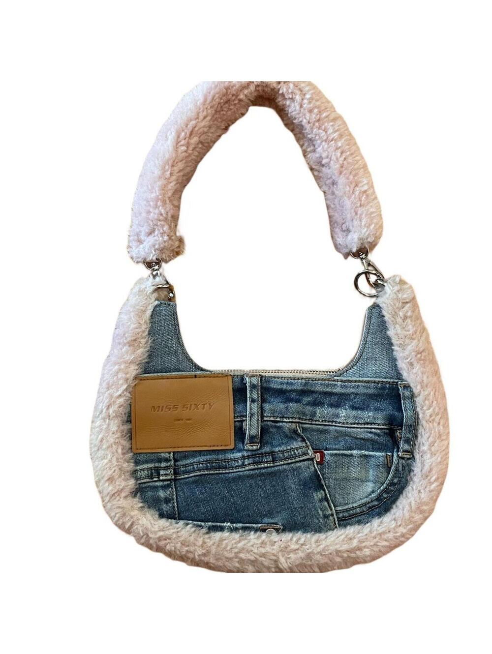 Miss Sixty mini denim handbag pink faux fur details in light wash blue